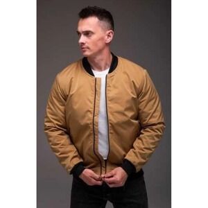 Men's Gold/Tan and Black Bomber Jacket Size Small   Grunge 90s Y2K